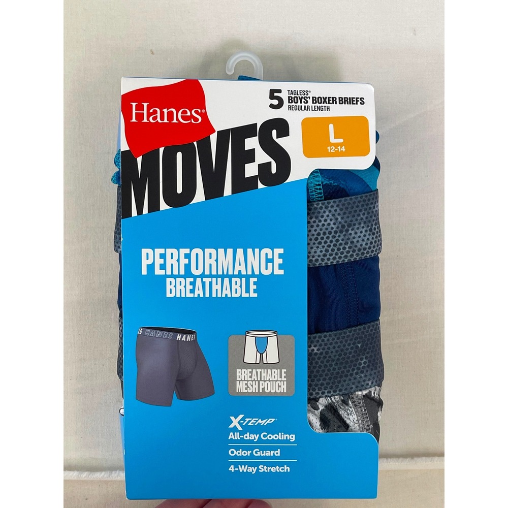 Hanes Moves Boys Performance Breathable Boxer Briefs 5 Pack Blue Gray L 12-14